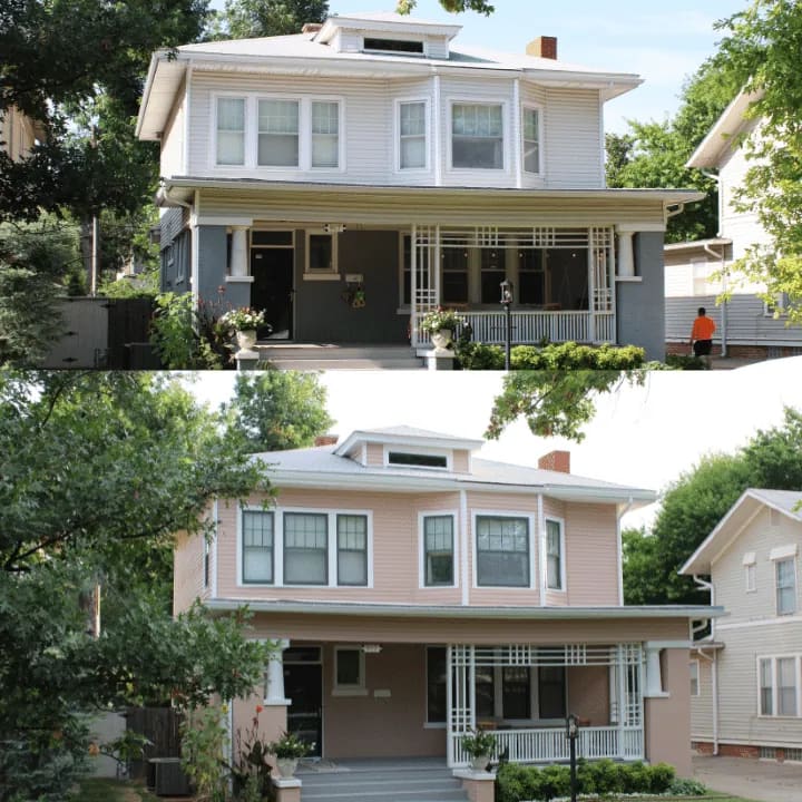 Before and after of a historic two-story home repainted blush pink with crisp white trim