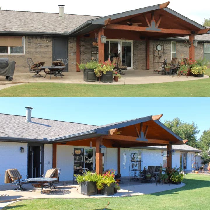 Before and after of a brick ranch home painted white with a restained patio cover
