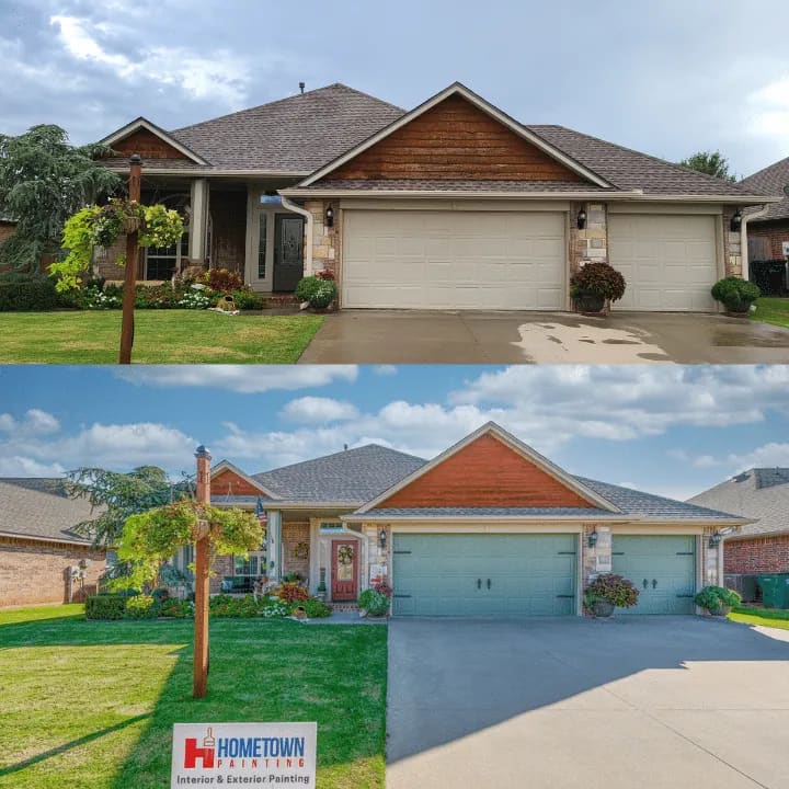 Before and after picture of a home in the Oklahoma City area that had the exterior painted