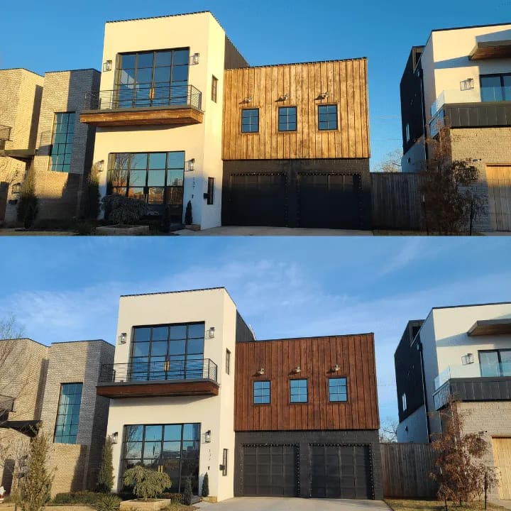 Before and after of a modern OKC home with its wood siding restained a rich brown
