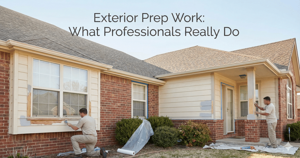 Professional painters preparing the exterior of an Oklahoma City home by scraping, sanding, caulking, and priming before painting.